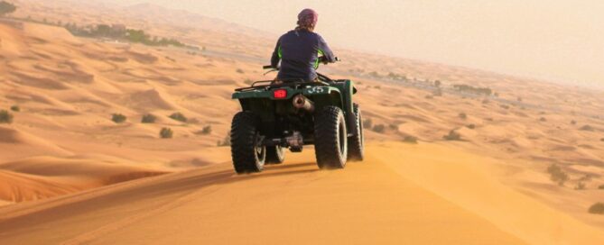 a person on a quad bike driving through the desert
