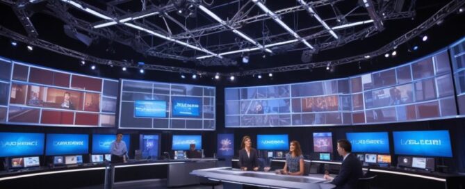a group of people in a room with large screens