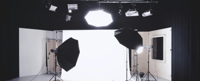a photo studio with lighting equipment