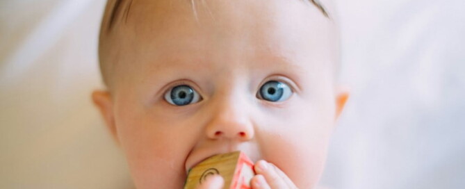 a baby with blue eyes biting a block